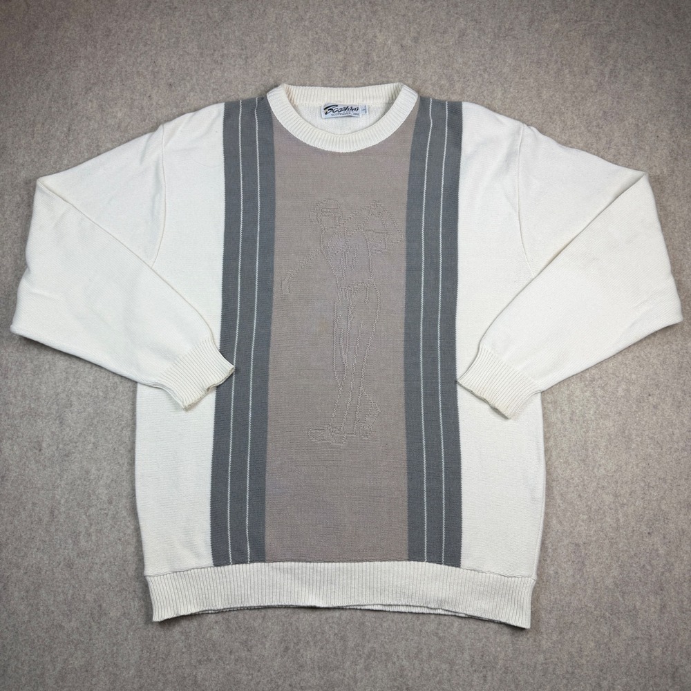 Bocchini of Scottsdale Mens Vintage Golf Sweater Cream Grey Large Made in USA